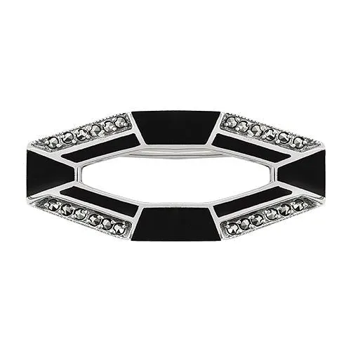 Art Deco Stil Markasit & Schwarzer Onyx Brosche in 925 Sterling Silber