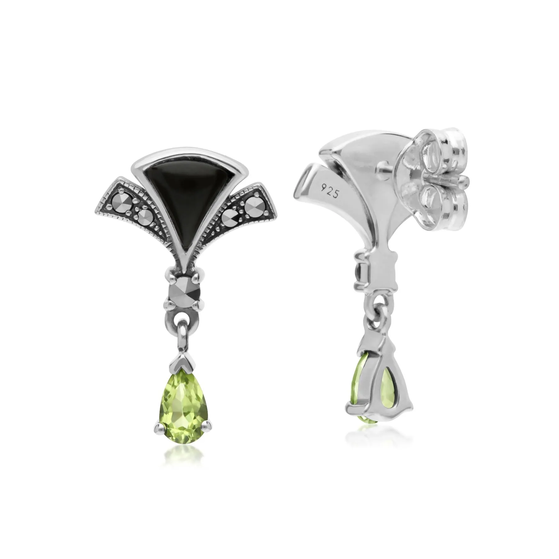 Art Nouveau Stil Birnenförmiger Peridot, Schwarzer Onyx & Markasit Fächer Tropfen Ohrringe in Sterling Silber