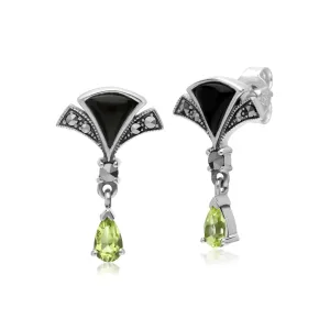Art Nouveau Stil Birnenförmiger Peridot, Schwarzer Onyx & Markasit Fächer Tropfen Ohrringe in Sterling Silber