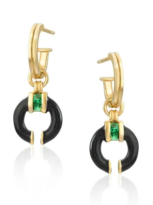Black enamel Delphine earrings with emerald green stone
