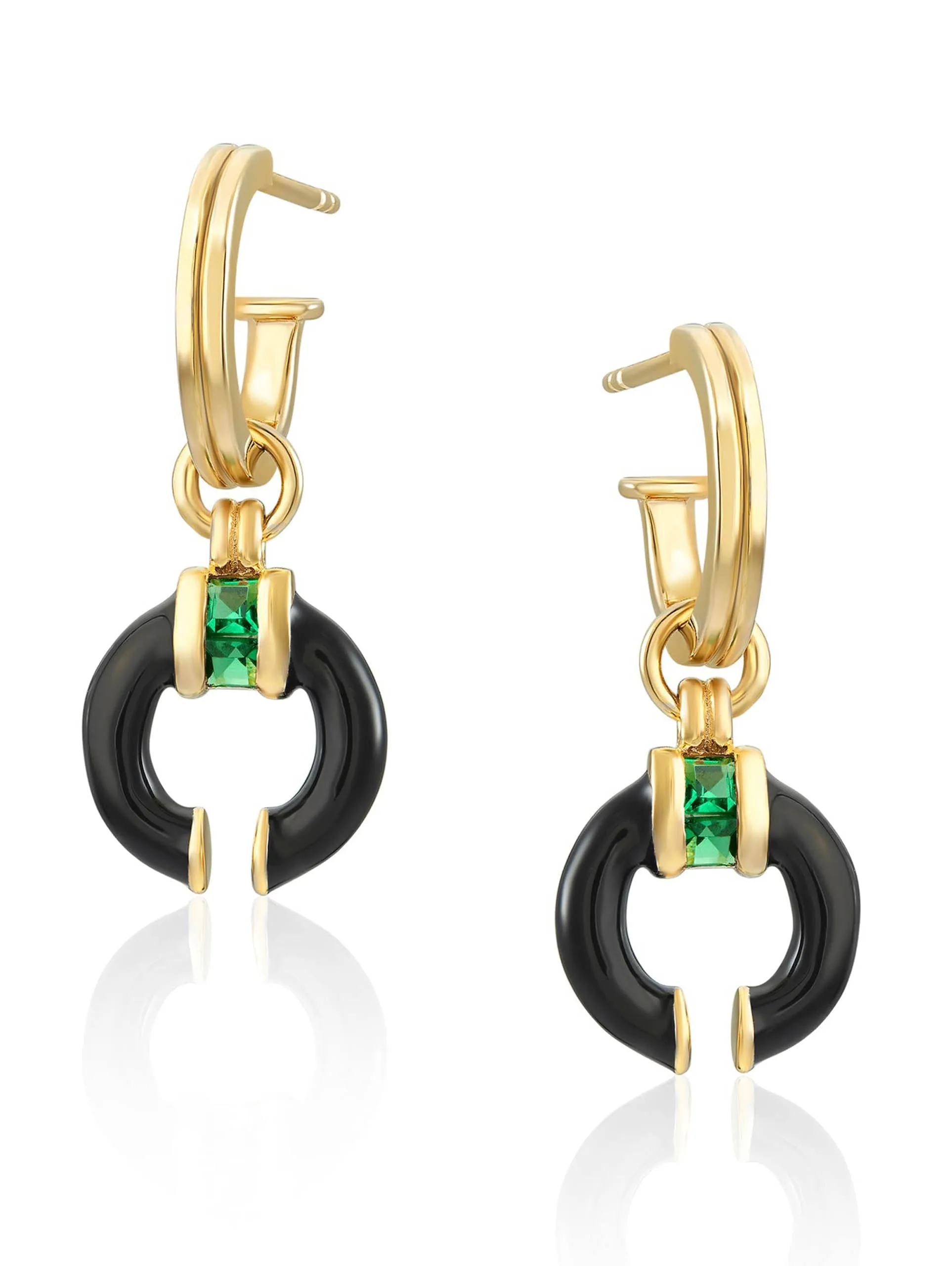 Black enamel Delphine earrings with emerald green stone