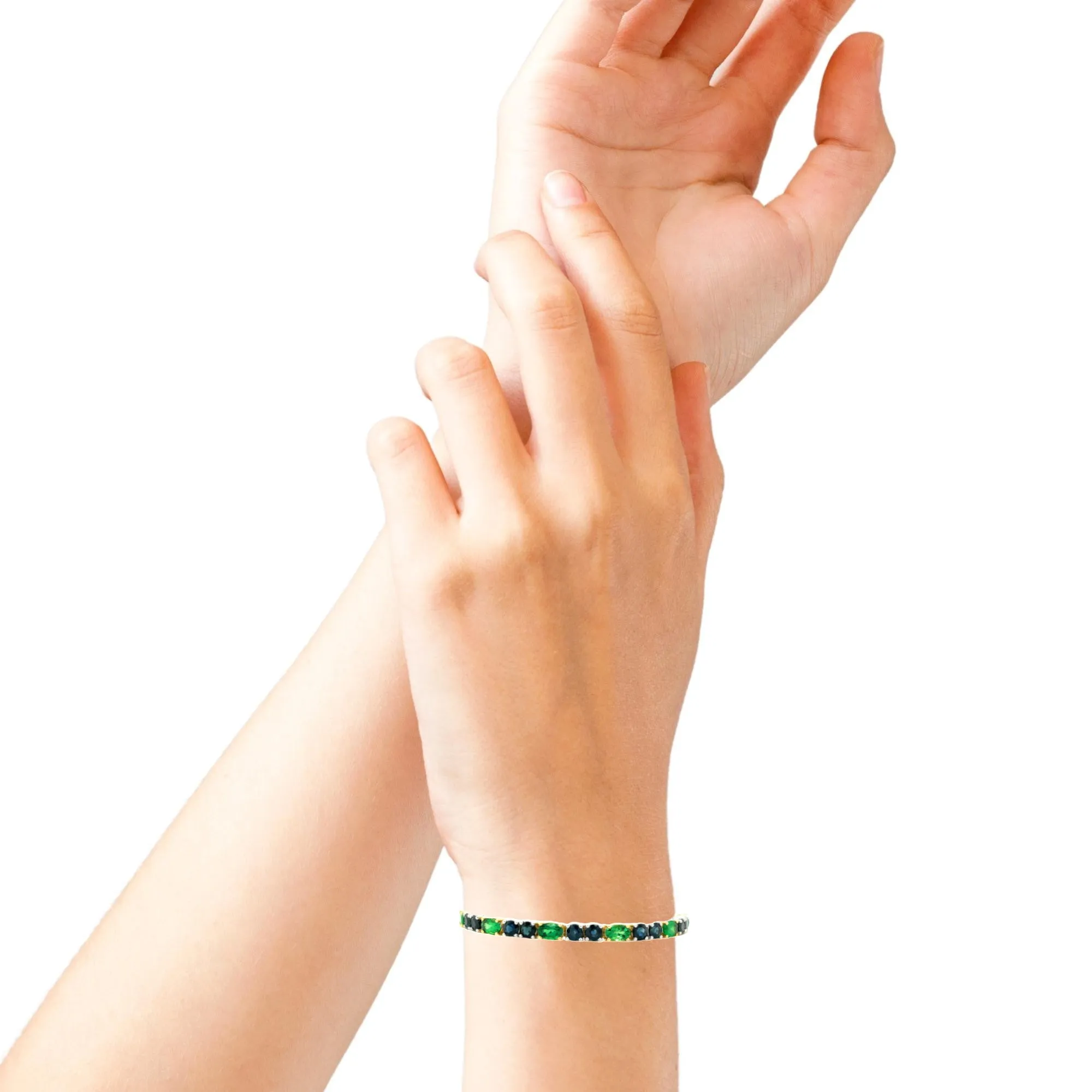 Blue Sapphire & Green Tsavorite Garnet, Yellow and White Gold Tennis Bracelet