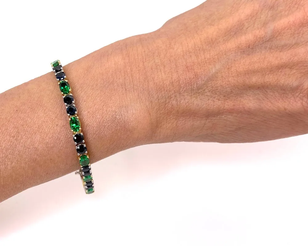 Blue Sapphire & Green Tsavorite Garnet, Yellow and White Gold Tennis Bracelet