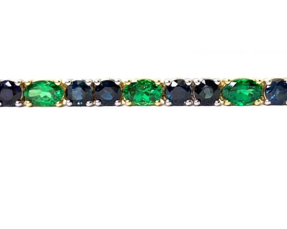 Blue Sapphire & Green Tsavorite Garnet, Yellow and White Gold Tennis Bracelet
