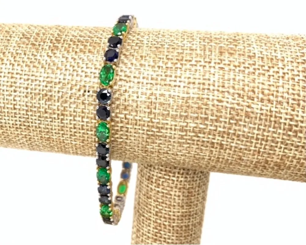 Blue Sapphire & Green Tsavorite Garnet, Yellow and White Gold Tennis Bracelet