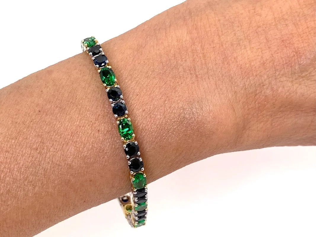 Blue Sapphire & Green Tsavorite Garnet, Yellow and White Gold Tennis Bracelet