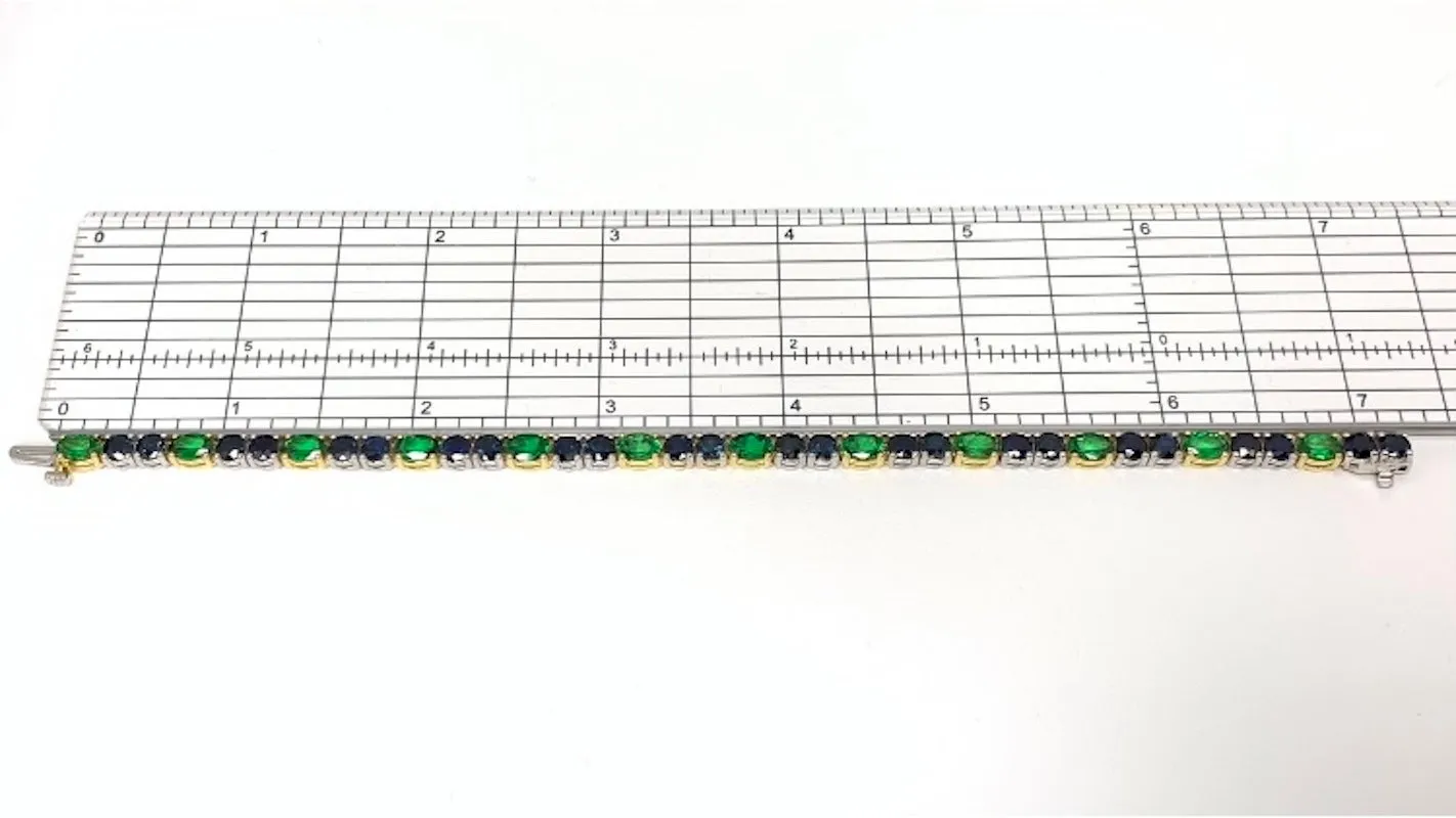 Blue Sapphire & Green Tsavorite Garnet, Yellow and White Gold Tennis Bracelet
