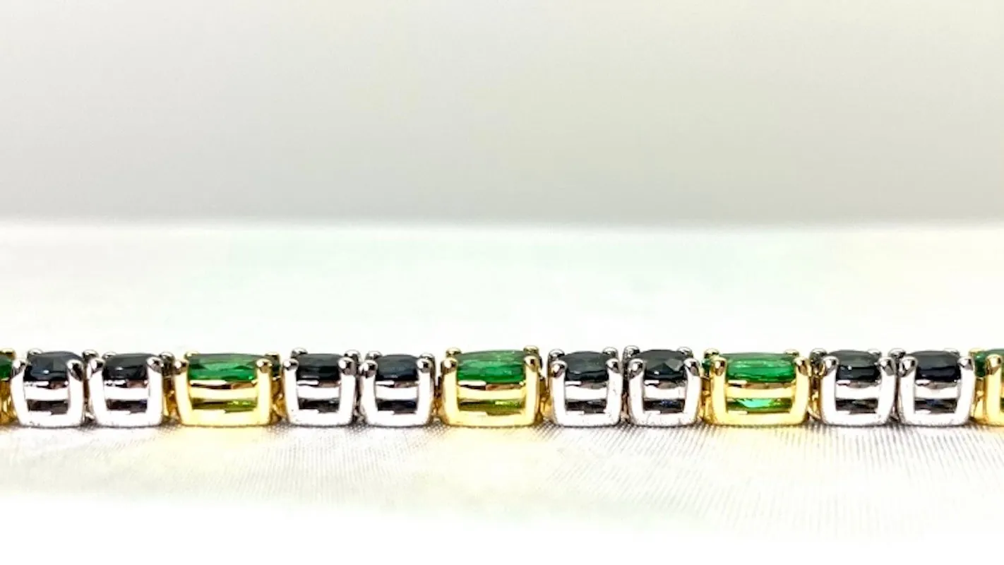 Blue Sapphire & Green Tsavorite Garnet, Yellow and White Gold Tennis Bracelet