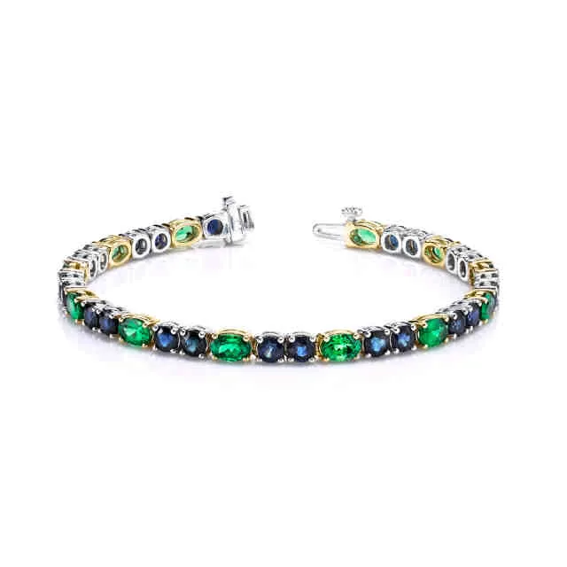 Blue Sapphire & Green Tsavorite Garnet, Yellow and White Gold Tennis Bracelet