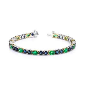 Blue Sapphire & Green Tsavorite Garnet, Yellow and White Gold Tennis Bracelet