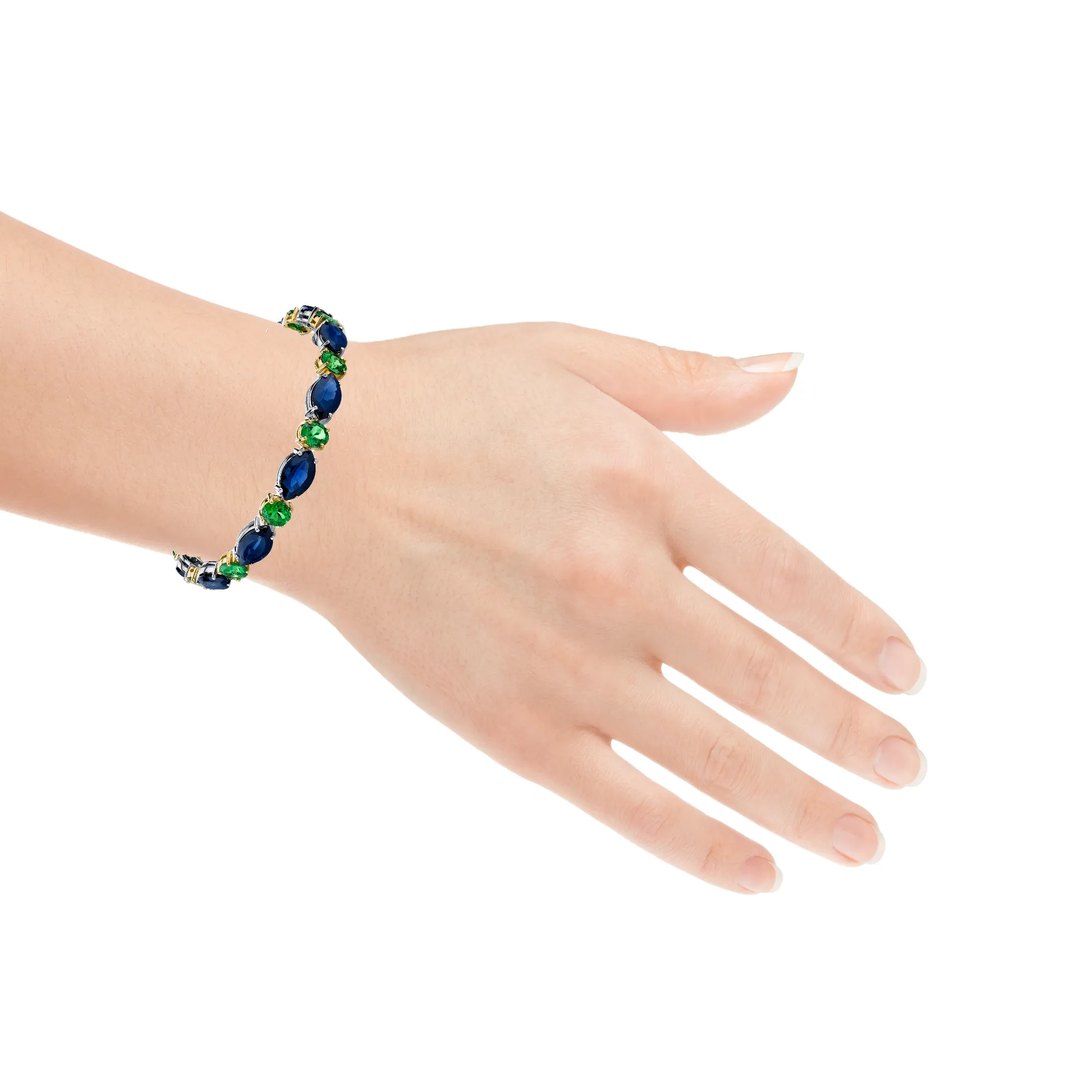 Blue Sapphire and Tsavorite Garnet Tennis Bracelet in White and Yellow Gold