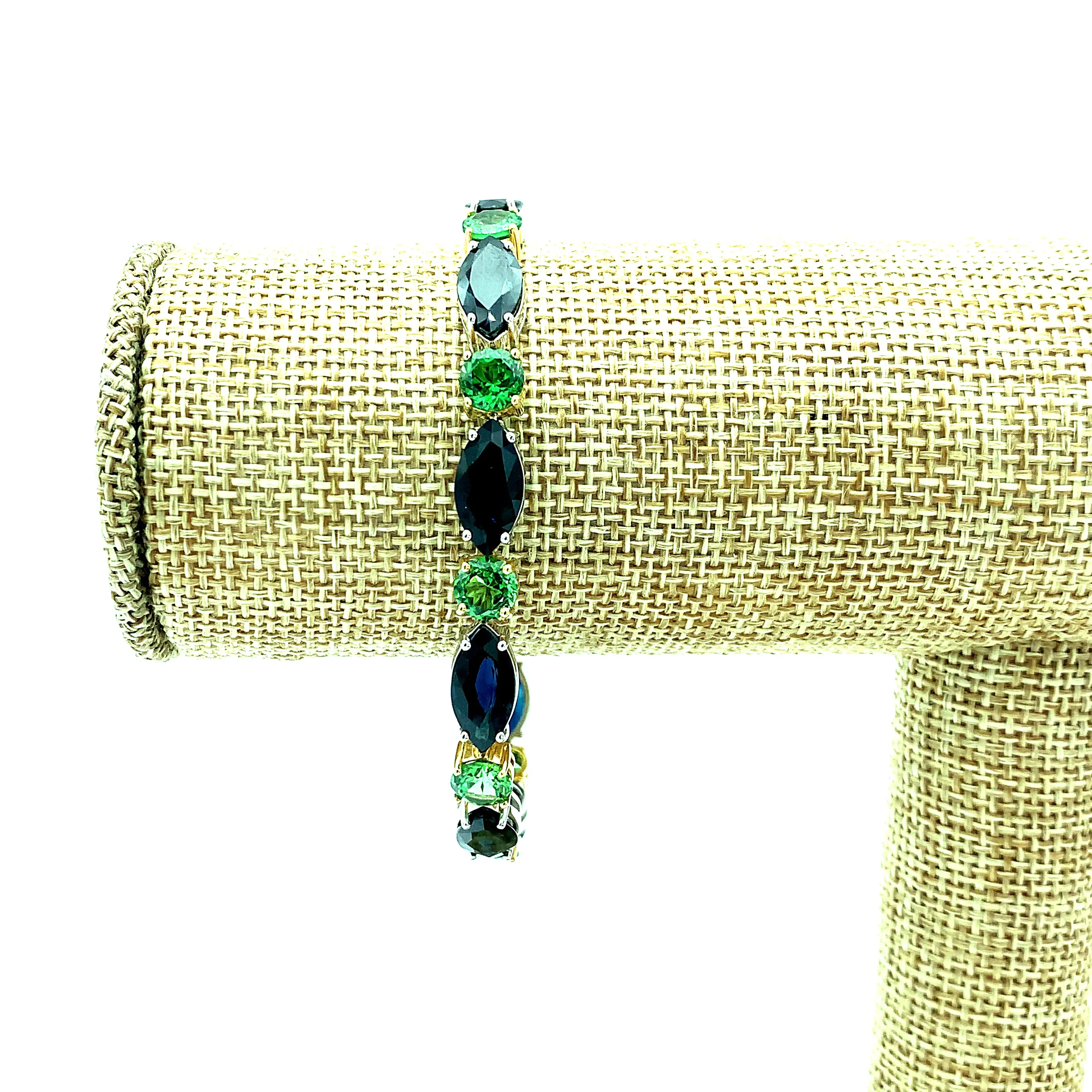 Blue Sapphire and Tsavorite Garnet Tennis Bracelet in White and Yellow Gold