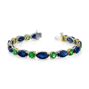 Blue Sapphire and Tsavorite Garnet Tennis Bracelet in White and Yellow Gold