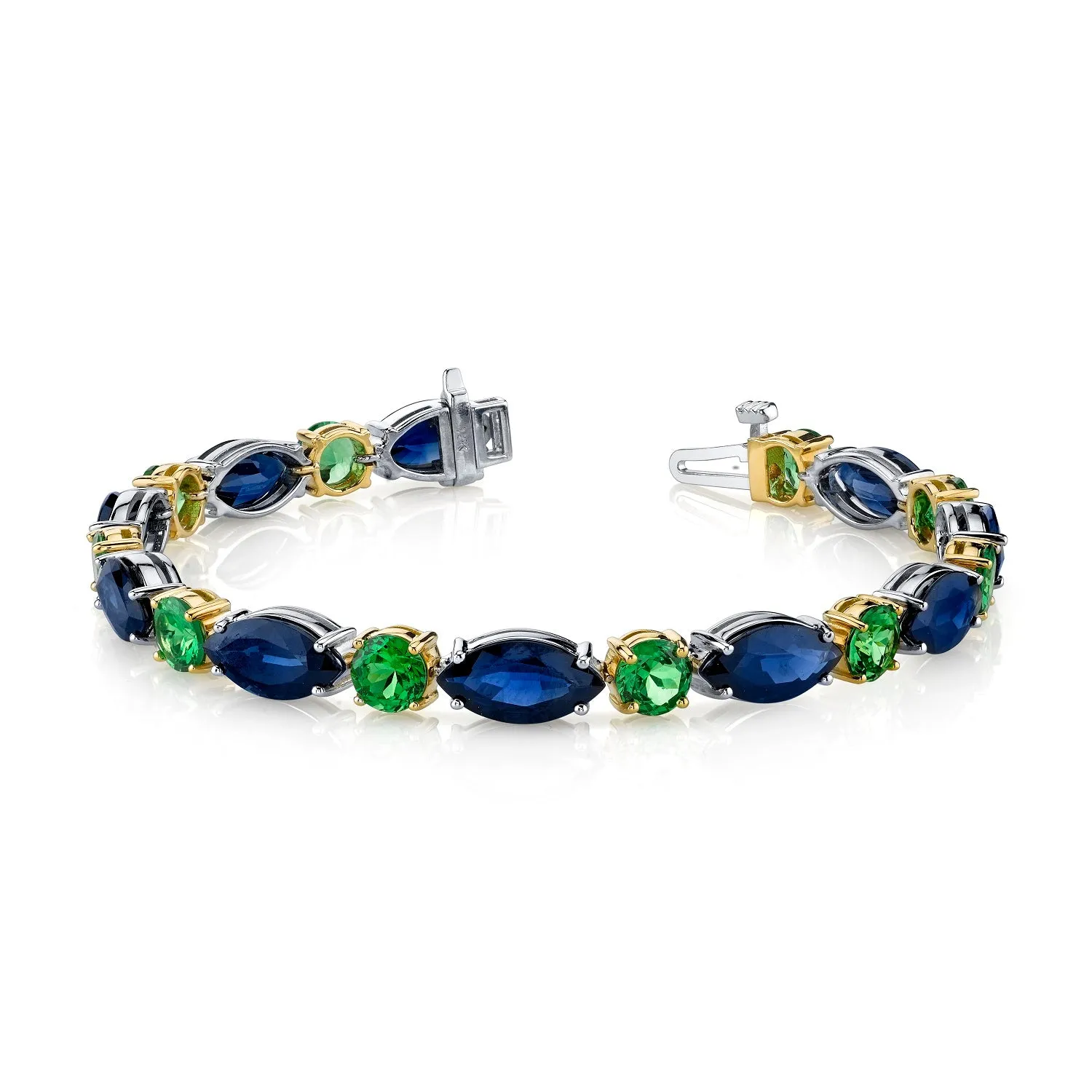 Blue Sapphire and Tsavorite Garnet Tennis Bracelet in White and Yellow Gold