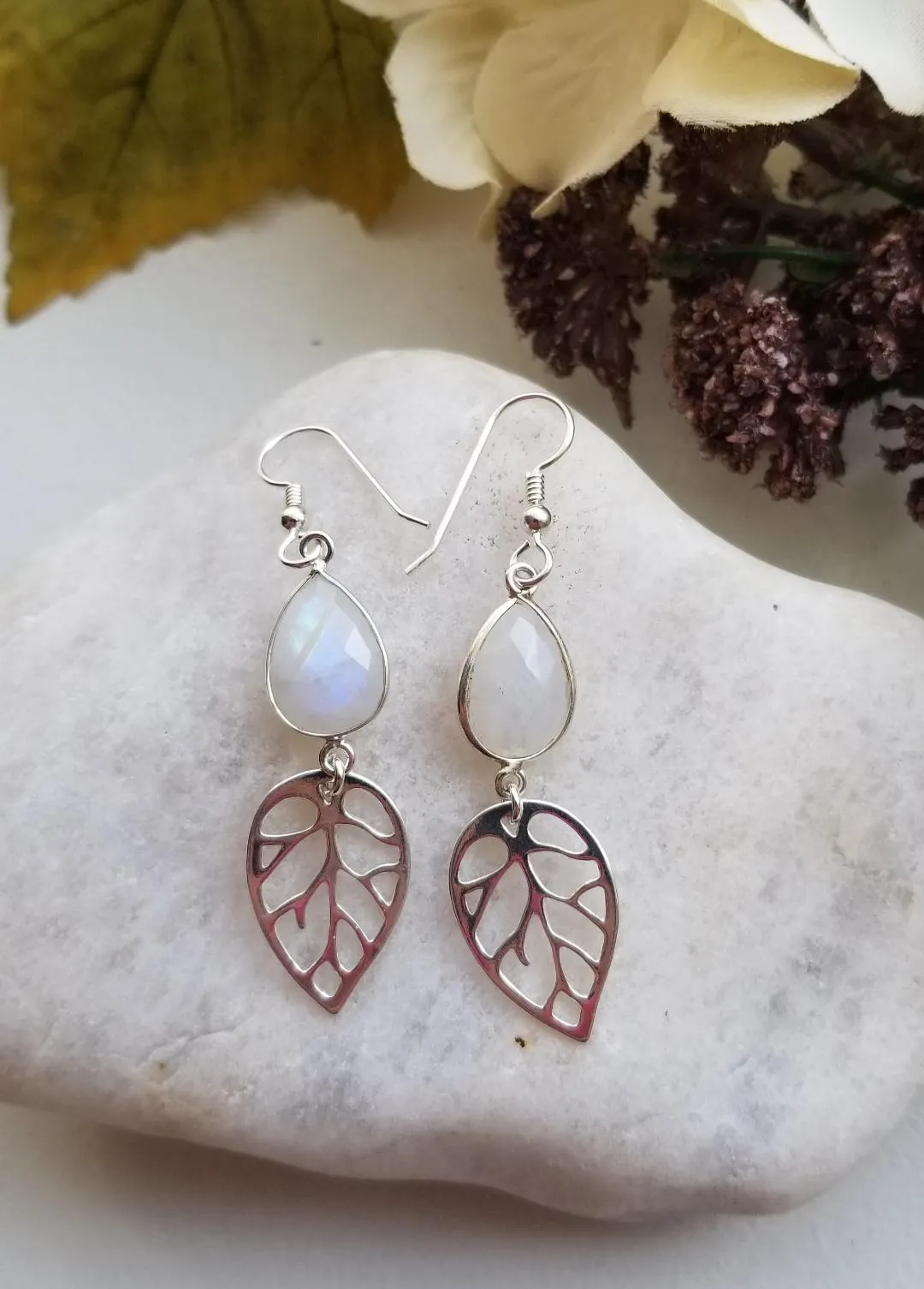 Bride Earrings, Moonstone Leaf Earrings, Fall Wedding Jewelry