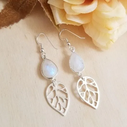 Bride Earrings, Moonstone Leaf Earrings, Fall Wedding Jewelry