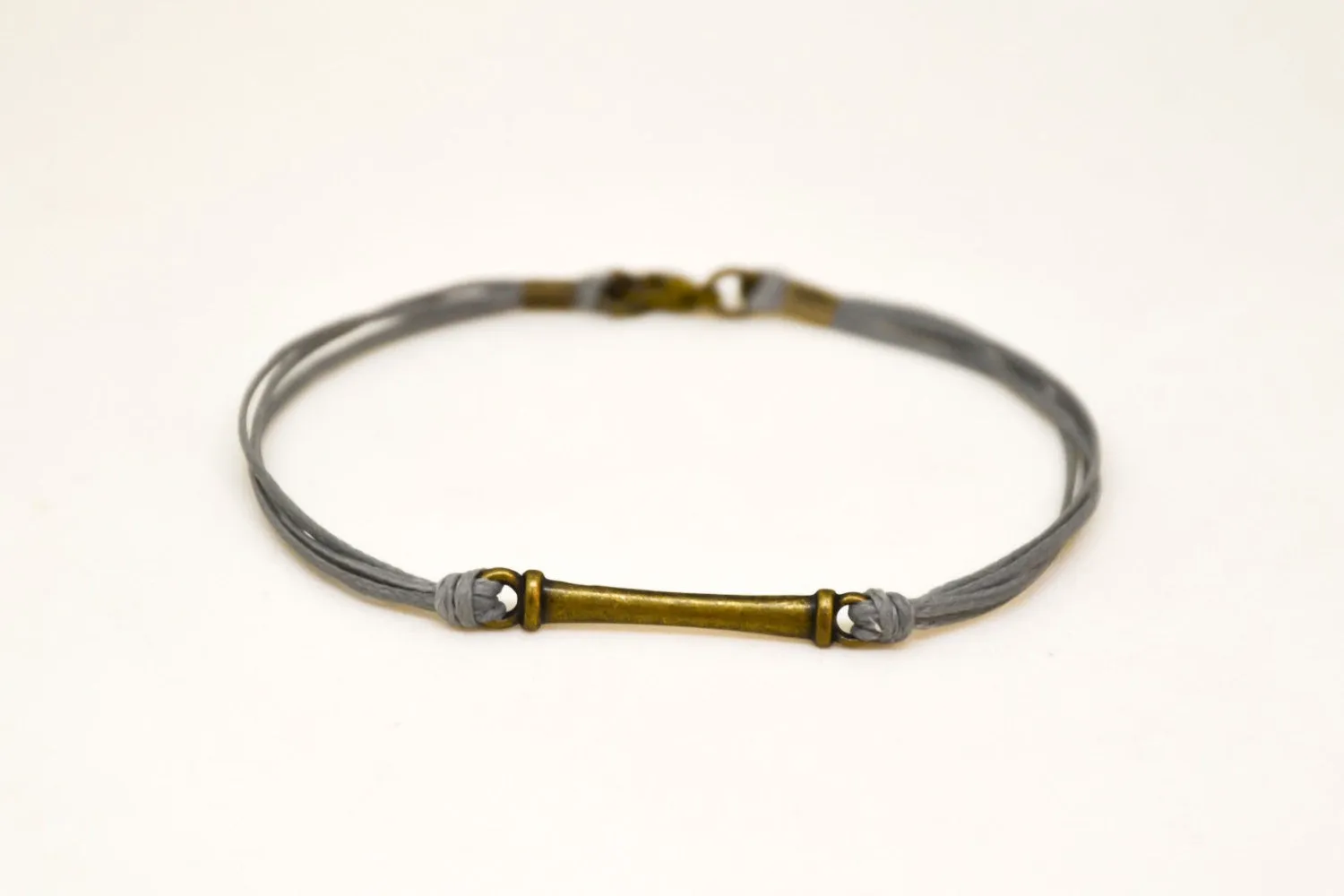 Bronze bar bracelet for men, grey cord, minimalist jewelry for him