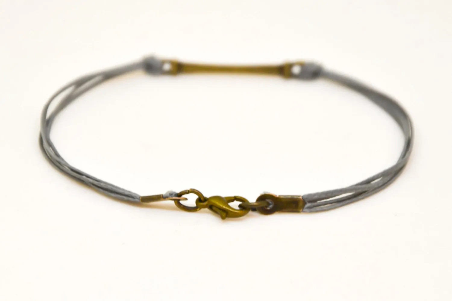 Bronze bar bracelet for men, grey cord, minimalist jewelry for him