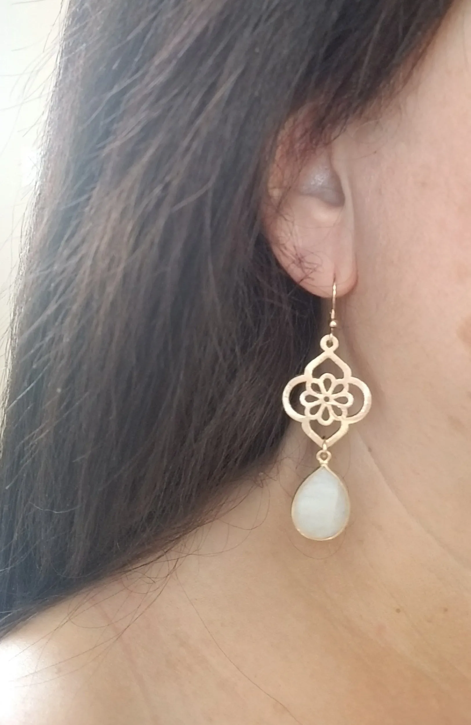 Brushed Gold Moonstone Flower Earrings