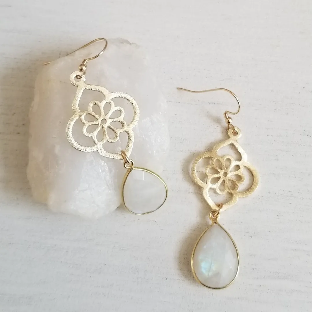 Brushed Gold Moonstone Flower Earrings
