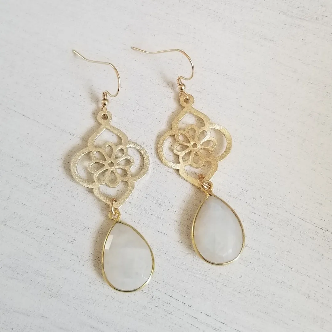 Brushed Gold Moonstone Flower Earrings