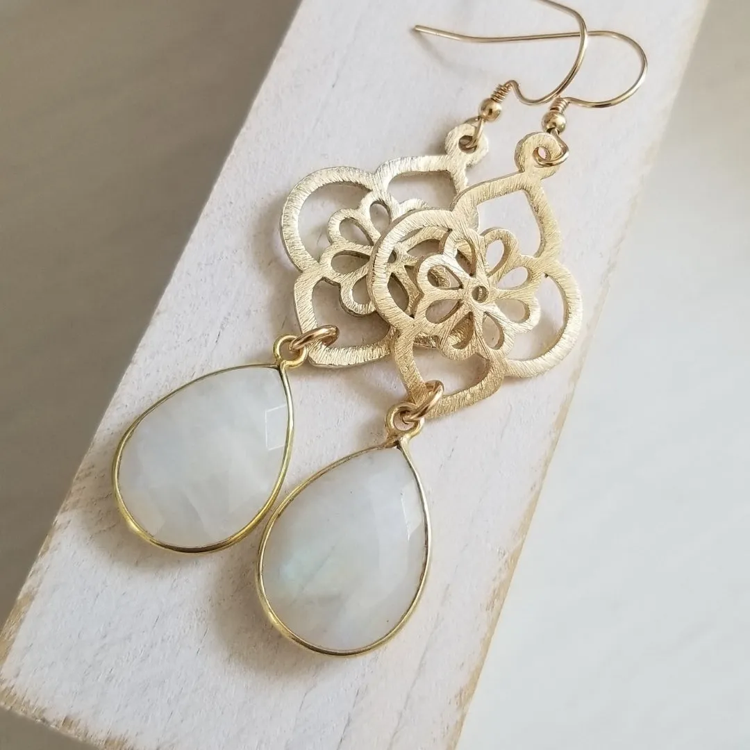 Brushed Gold Moonstone Flower Earrings