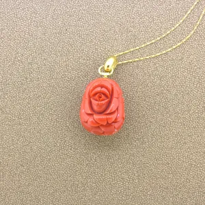 Carved Red Coral Diamond 18K Yellow Gold Floral-Motif Pendant