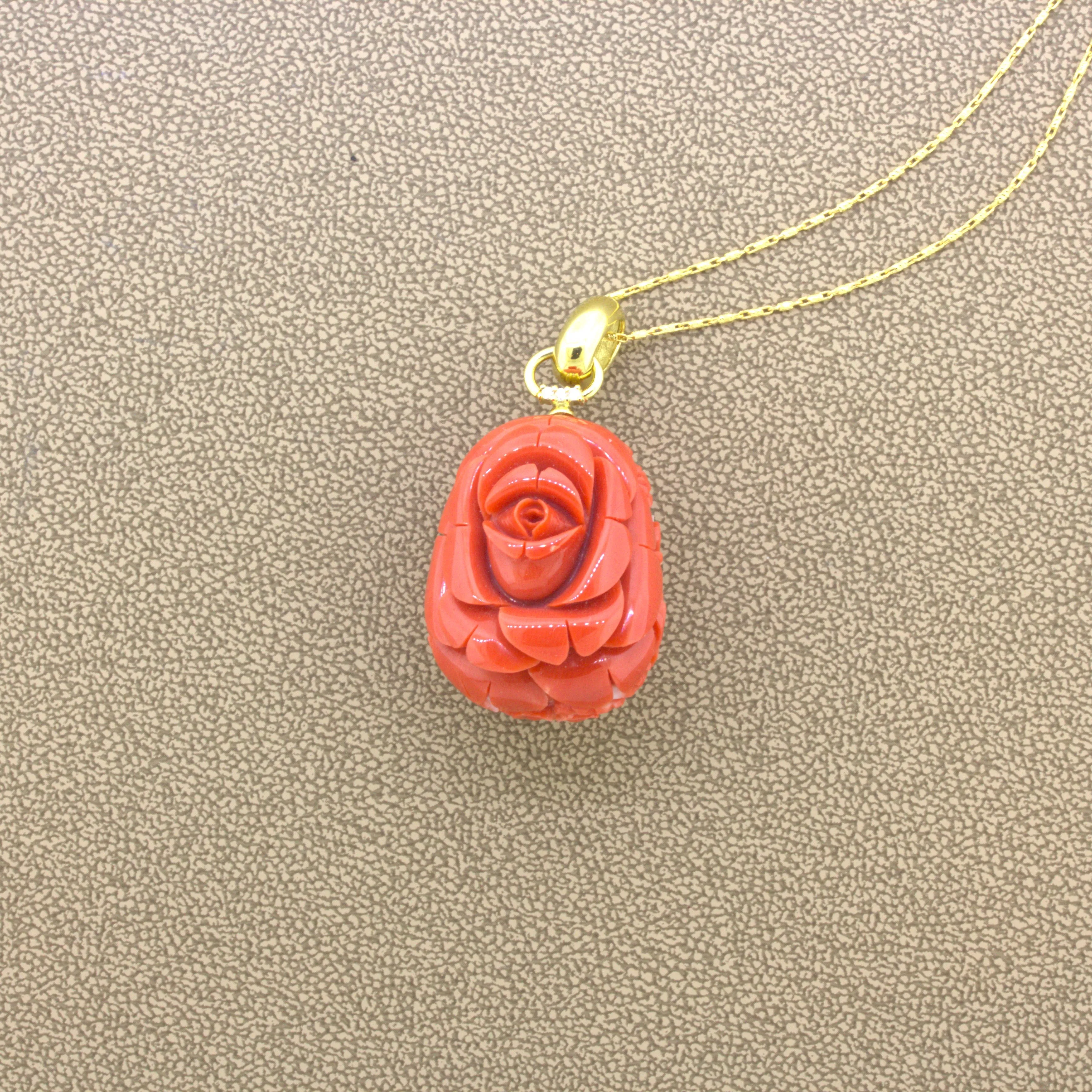 Carved Red Coral Diamond 18K Yellow Gold Floral-Motif Pendant