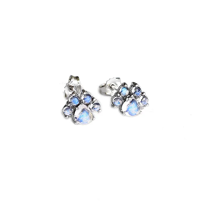 Cat-Paw shaped Moonstone Stud Earrings White Gold Plated Sterling Silver Jewelry Accessories Women