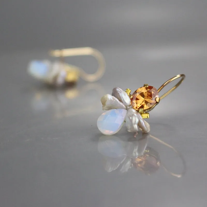 Champagne CZ Pearl Bee Earrings