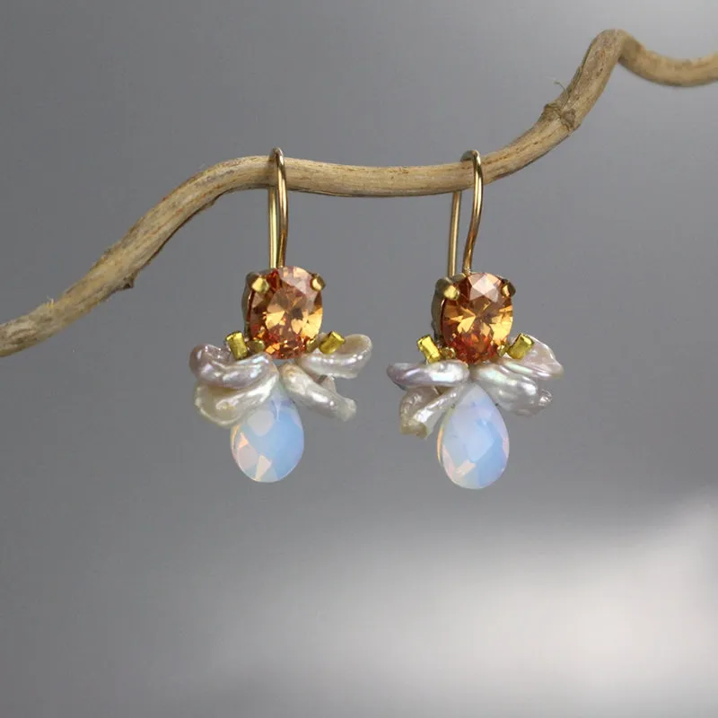 Champagne CZ Pearl Bee Earrings