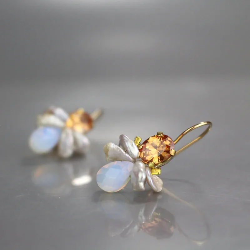 Champagne CZ Pearl Bee Earrings