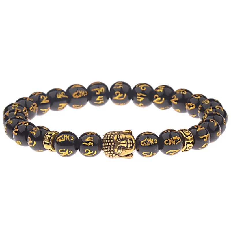 Charm Buddha&Evil Eye Bracelet Women 8mm Elastic Round Bright Black Stone Chakra Bracelets Men Erkek Bileklik Homme