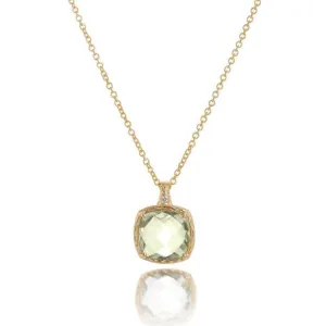 Color Collection 14KT Yellow Gold Green Amethyst & Diamond Cushion Cut Pendant Necklace