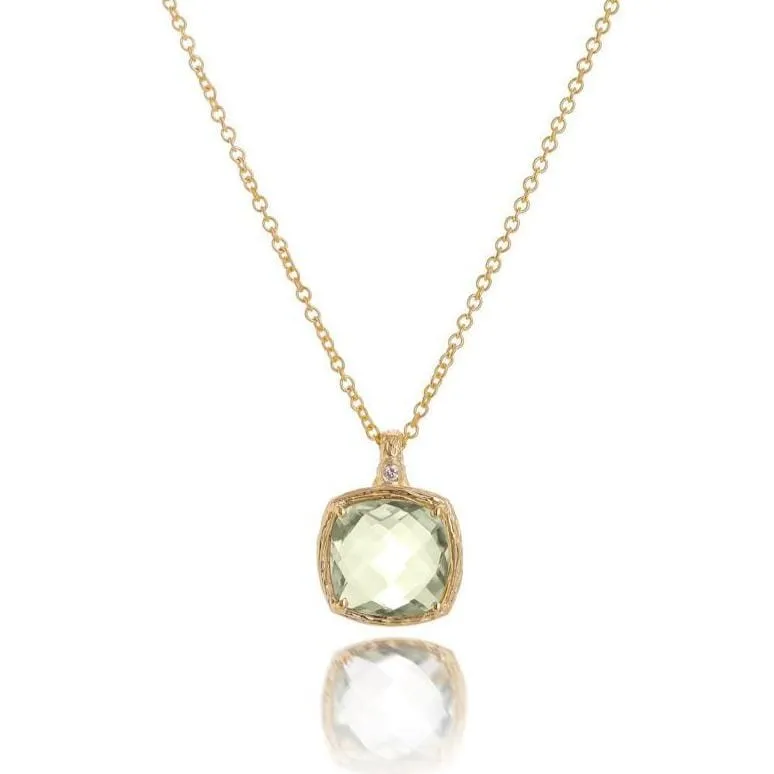 Color Collection 14KT Yellow Gold Green Amethyst & Diamond Cushion Cut Pendant Necklace