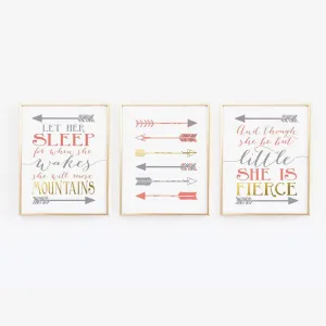 Coral, Gold & Gray Nursery Wall Prints -  Set of 3