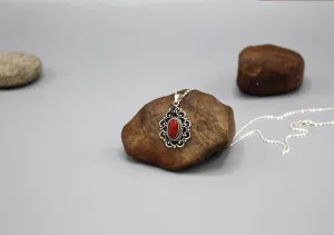 Coral Inlaid Fine Carving Flower Silver Sterling Pendant