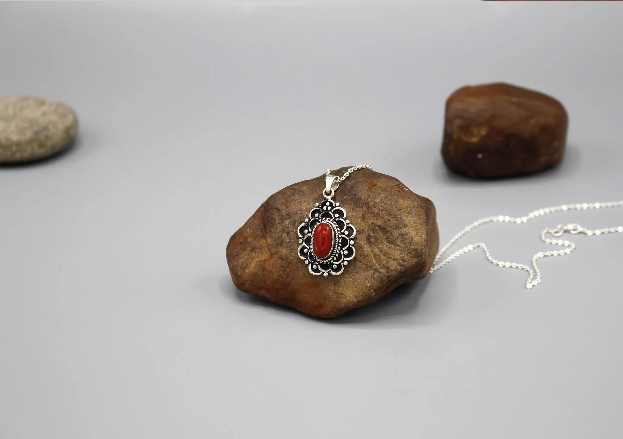 Coral Inlaid Fine Carving Flower Silver Sterling Pendant