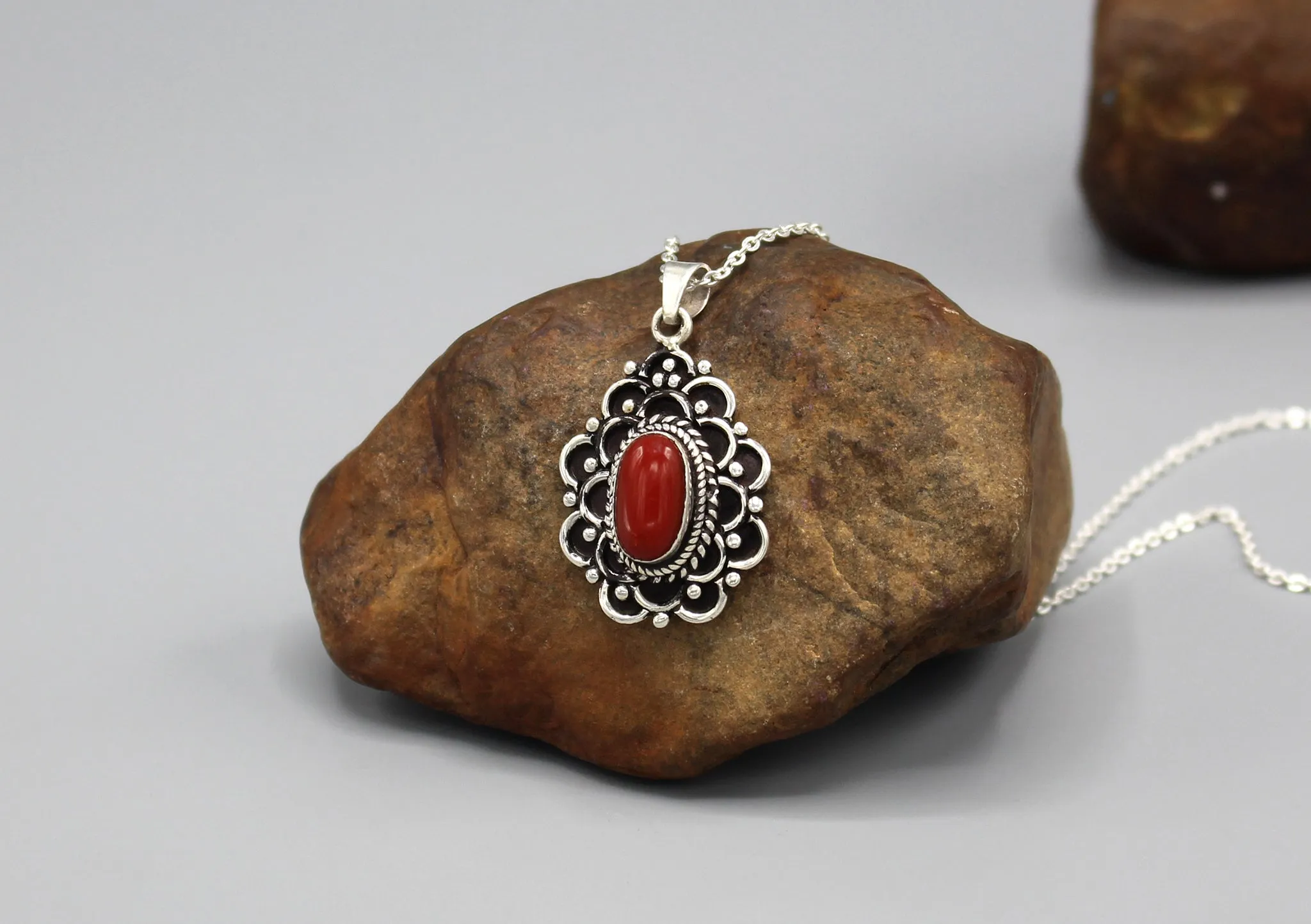 Coral Inlaid Fine Carving Flower Silver Sterling Pendant