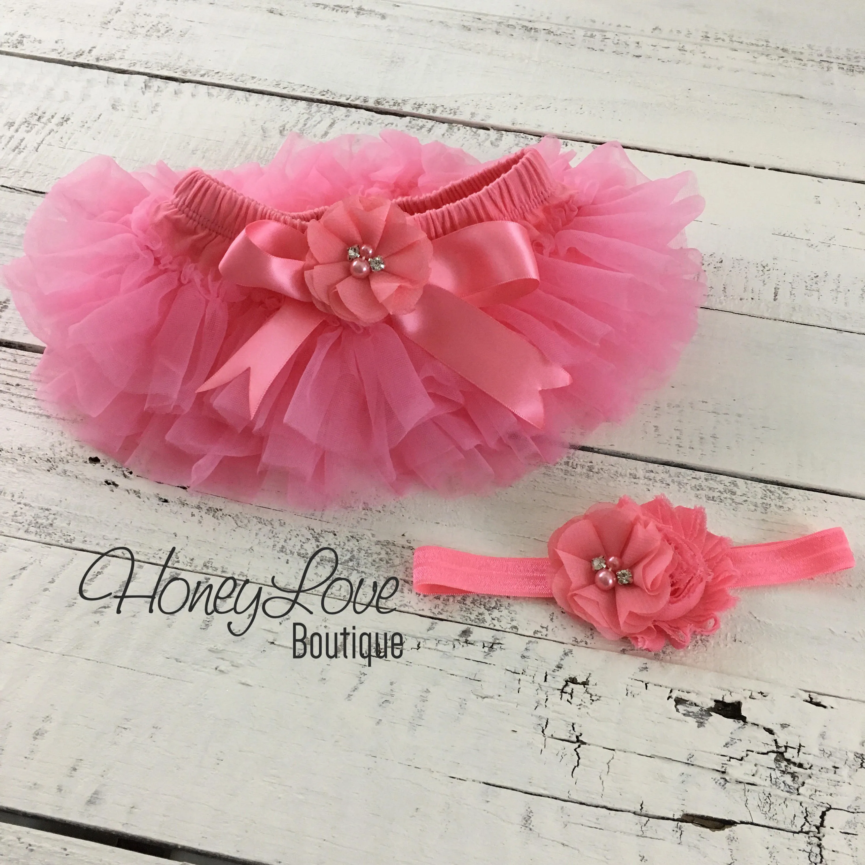Coral Pink embellished tutu skirt bloomers and matching headband