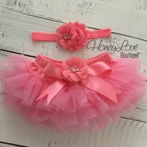 Coral Pink embellished tutu skirt bloomers and matching headband