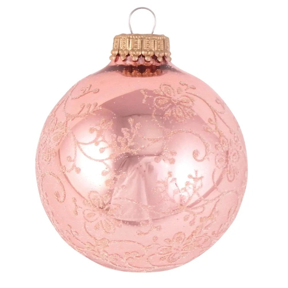 Coral with Coral Lace Glass Ball Ornaments - Set of 4