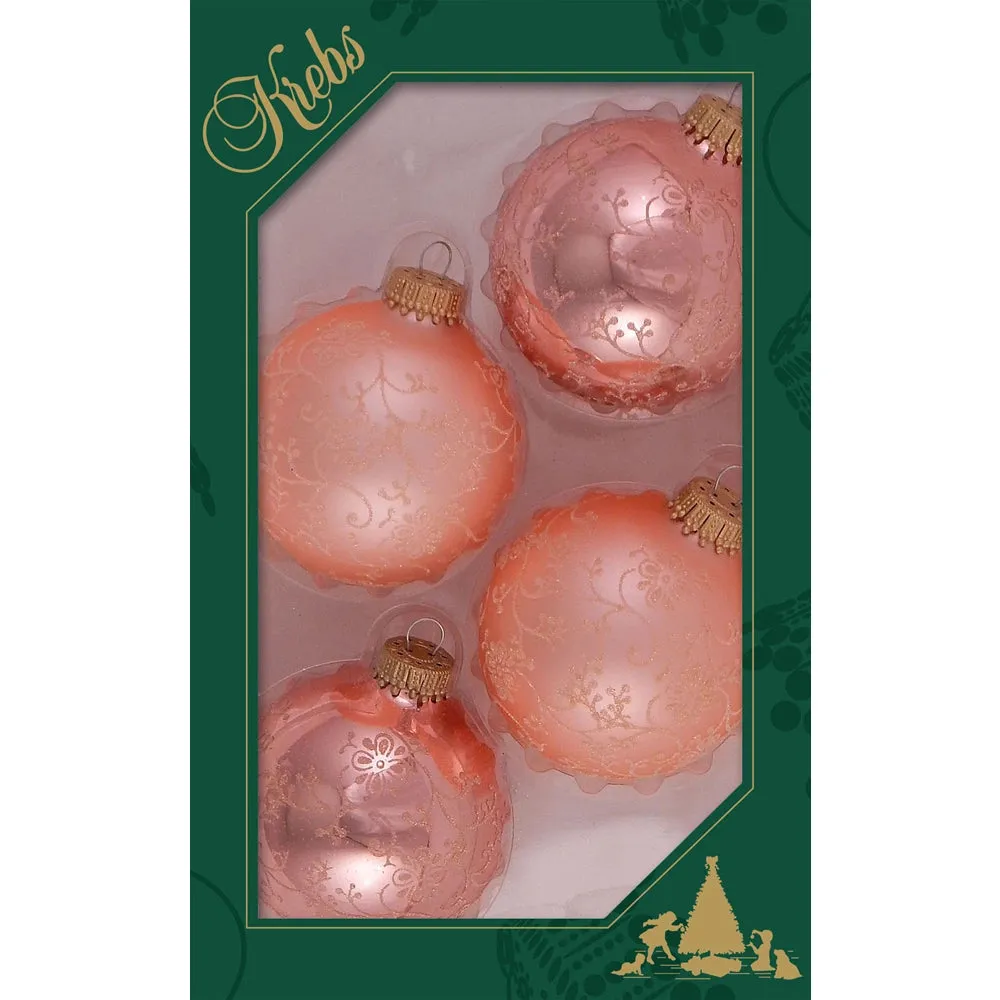 Coral with Coral Lace Glass Ball Ornaments - Set of 4