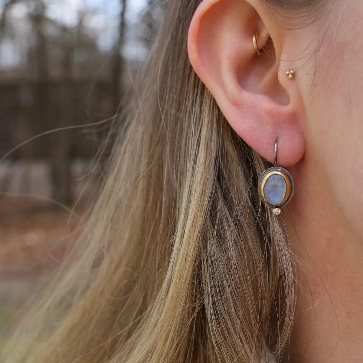 Crescent Rim Hook Earrings with Rainbow Moonstone & Diamond