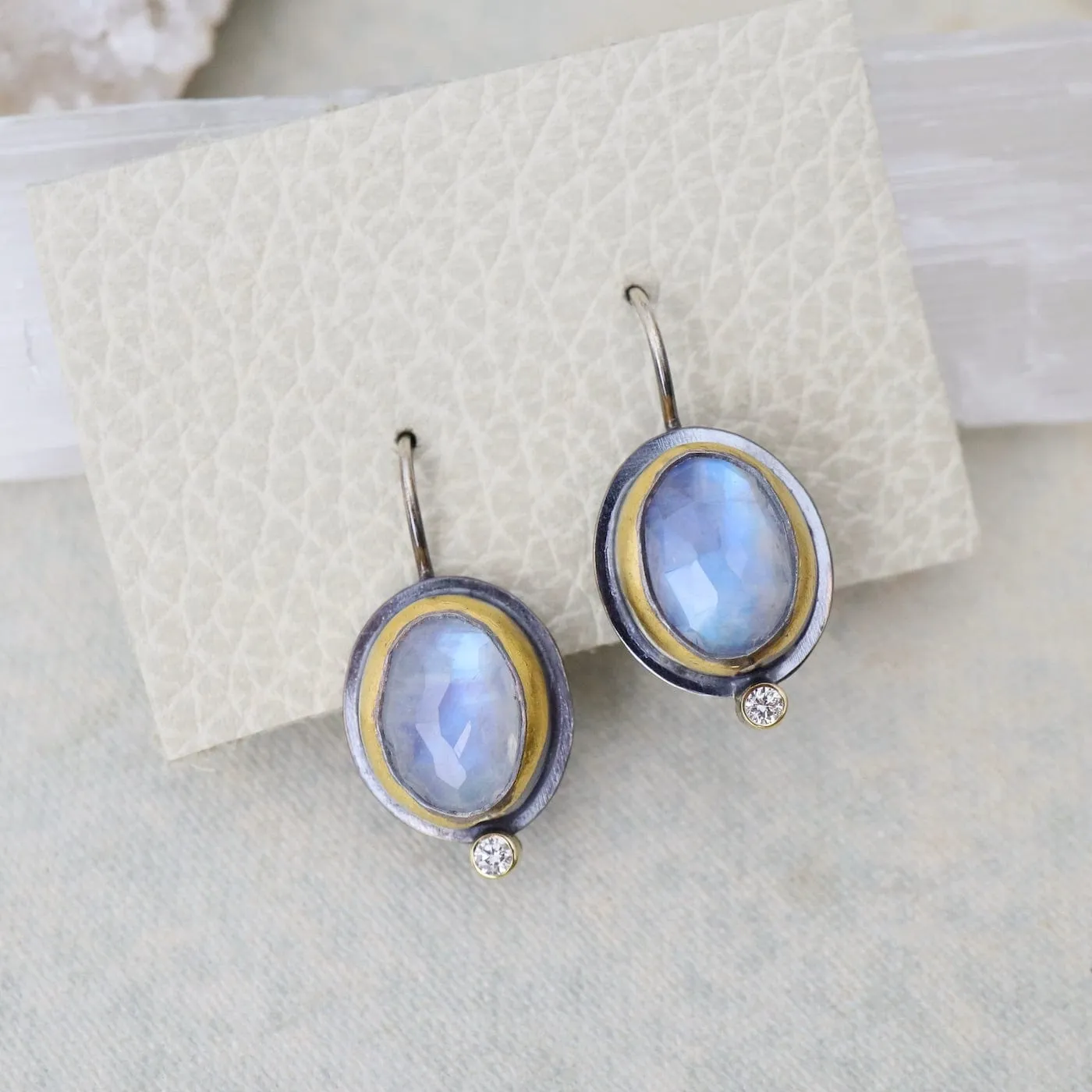 Crescent Rim Hook Earrings with Rainbow Moonstone & Diamond