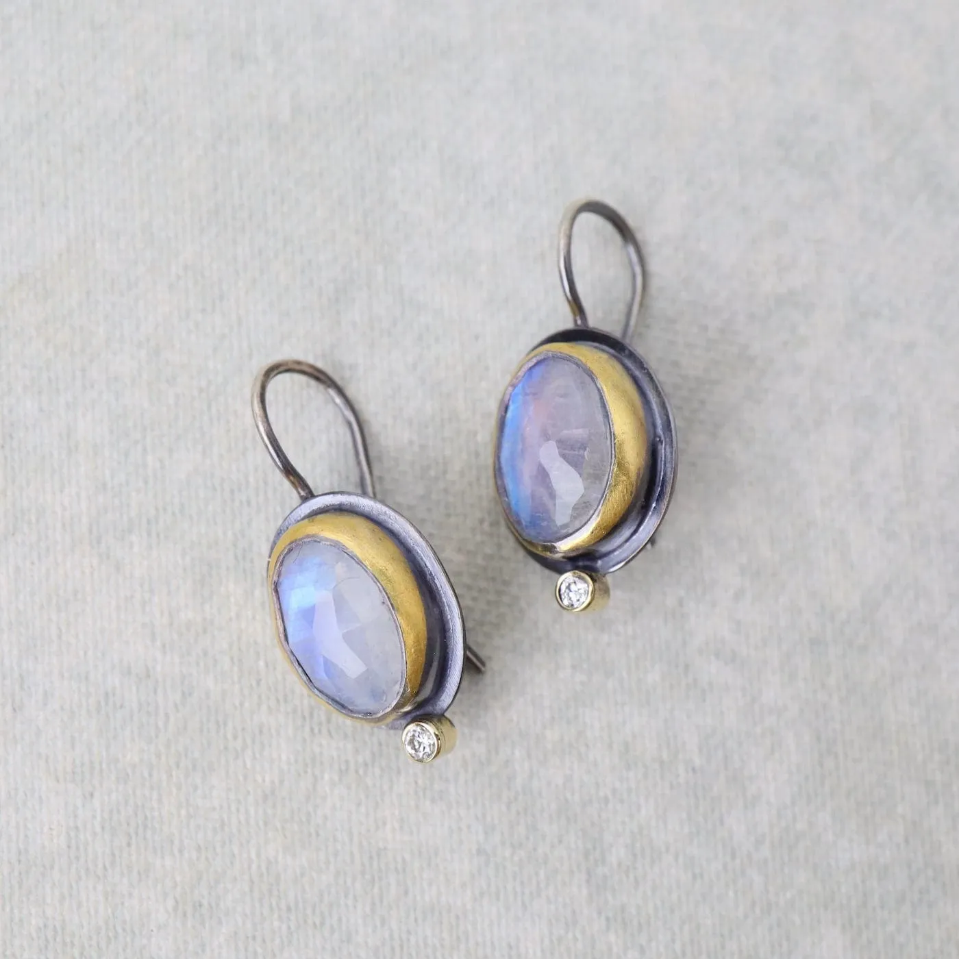 Crescent Rim Hook Earrings with Rainbow Moonstone & Diamond