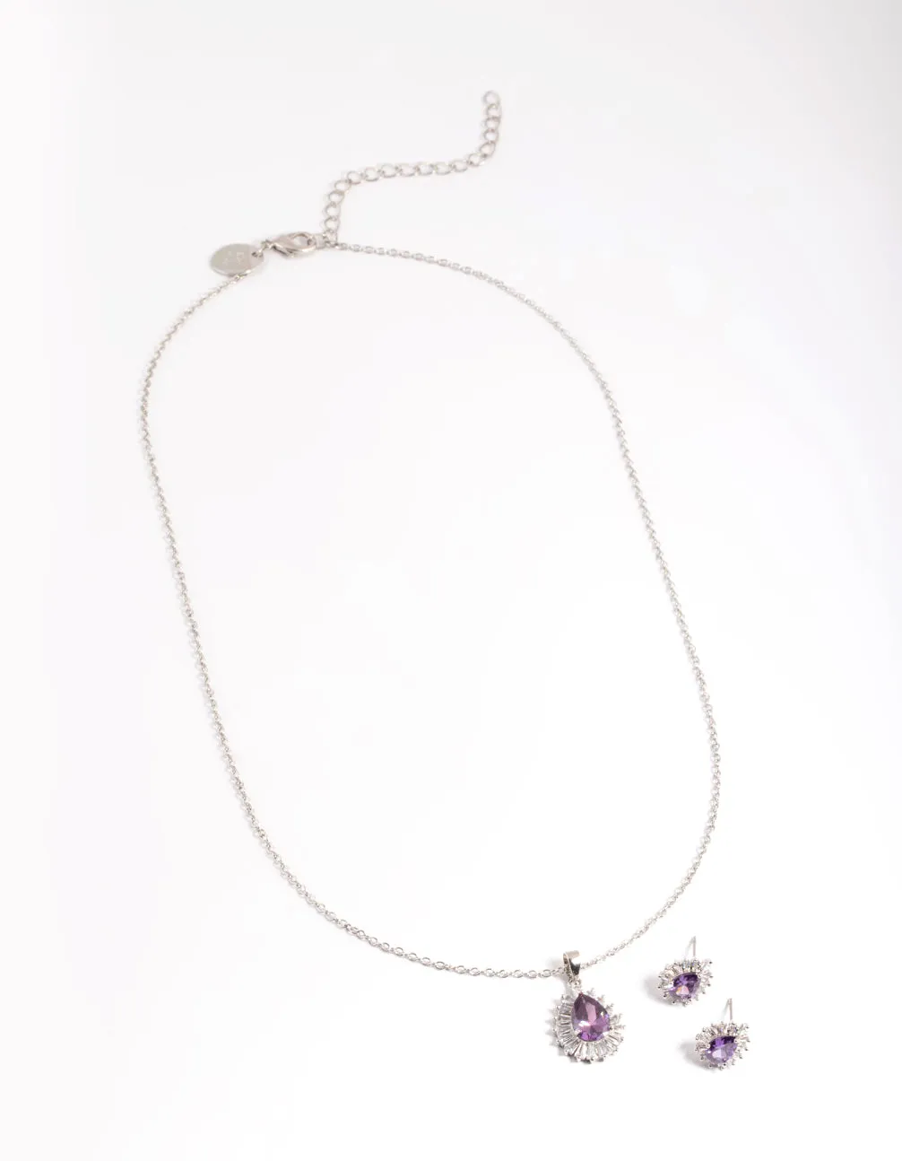 Diamond Simulant Rhodium Amethyst Teardrop Earring & Necklace