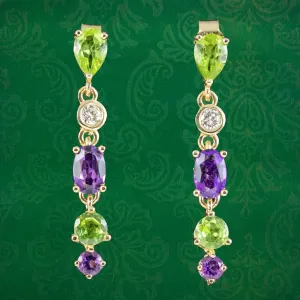 Edwardian Suffragette Style Drop Earrings Amethyst Peridot Diamond