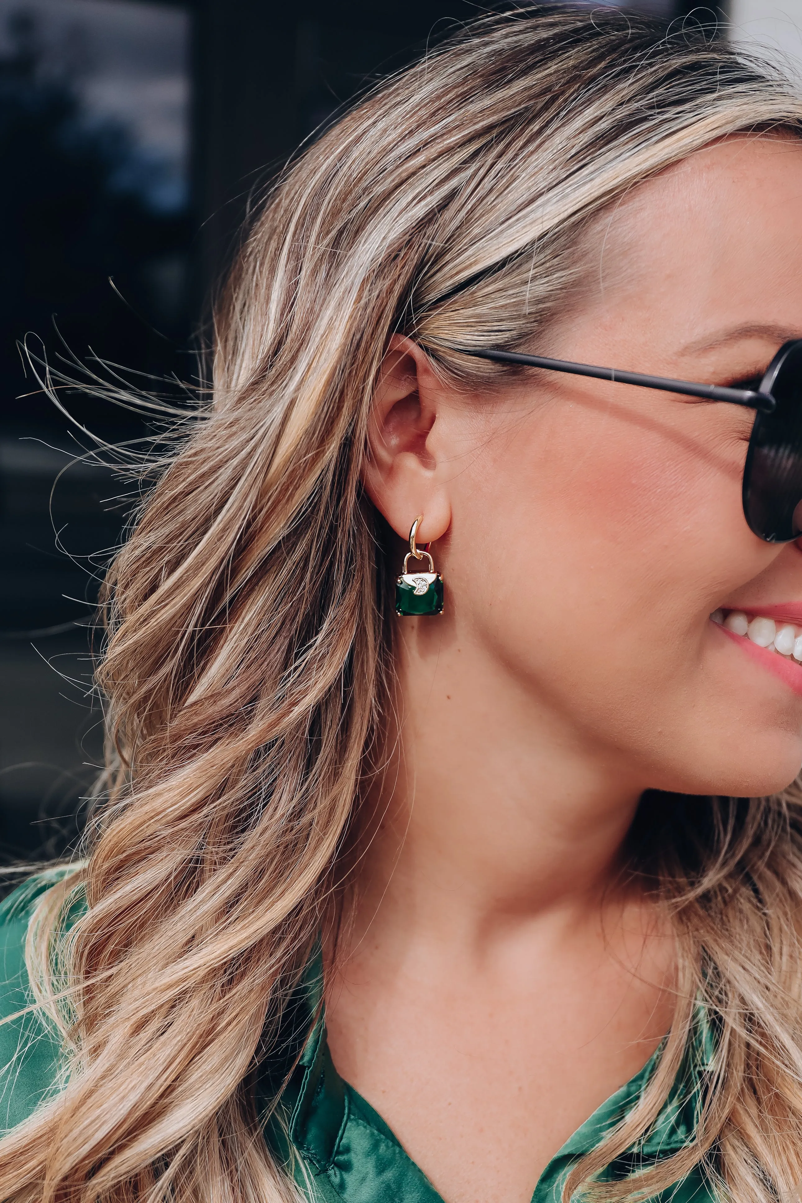 Emerald Cut Huggie Earrings - Green