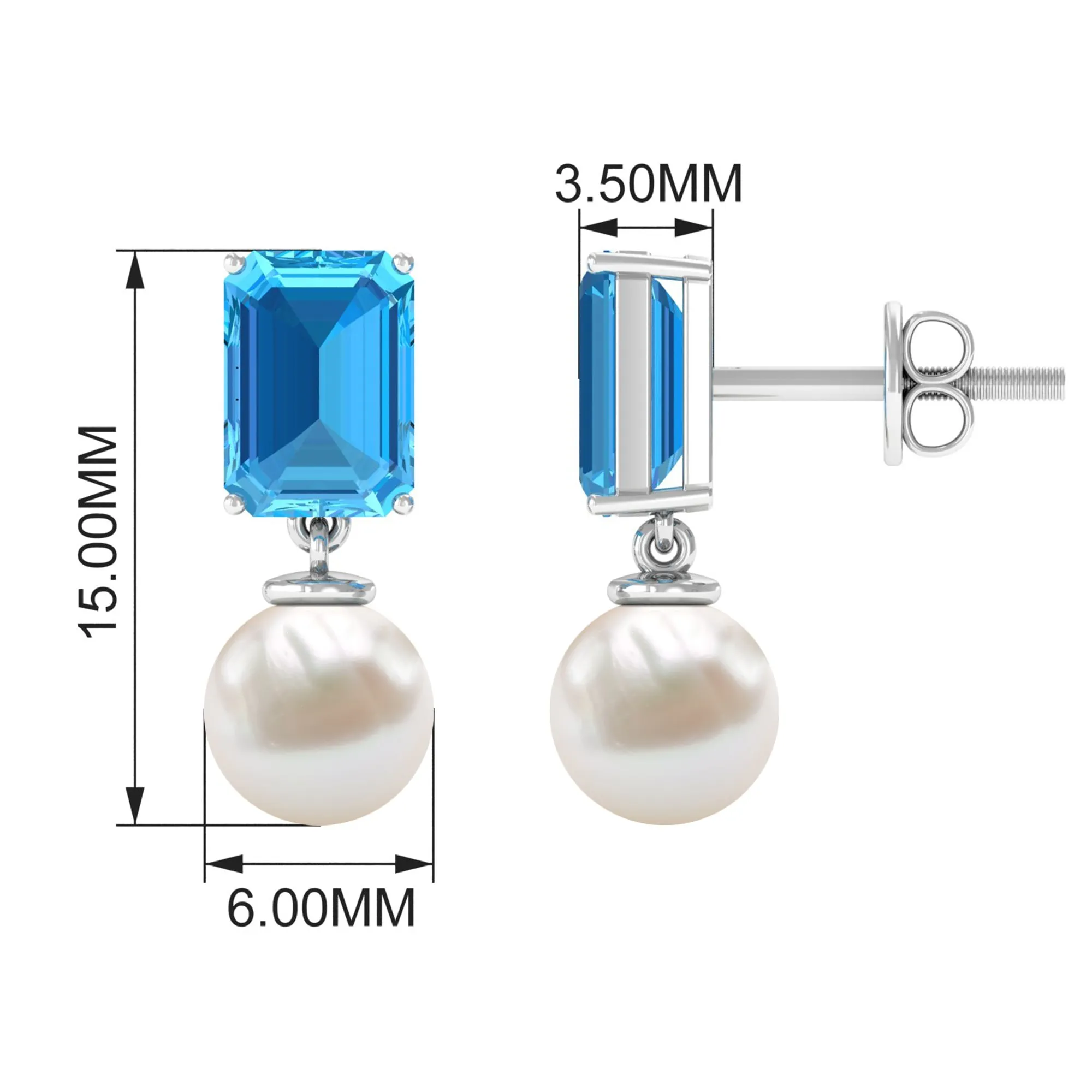 Emerald Cut Swiss Blue Topaz and Freshwater Pearl Drop Earrings